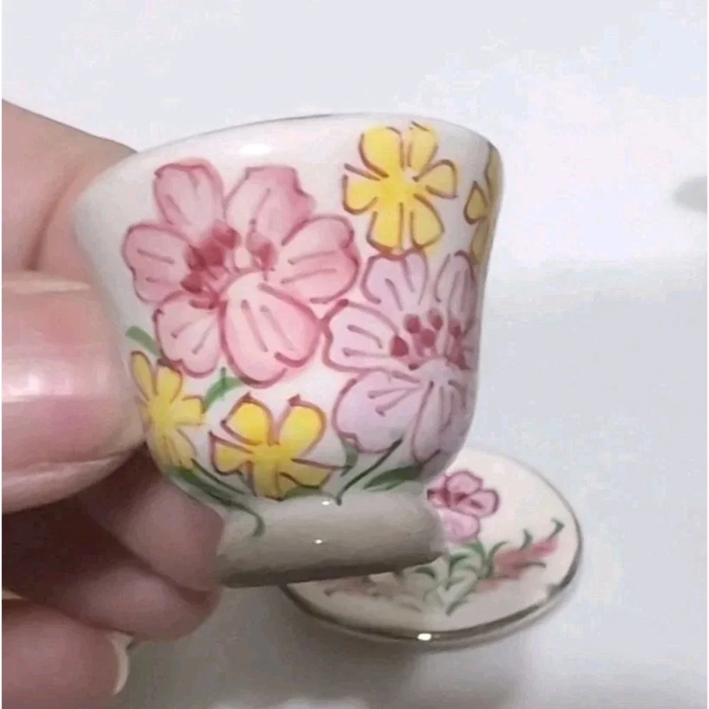 Dollhouse Set Of Miniature Ceramic Plates, Teapot, Cups, & Cream Vintage Flowers